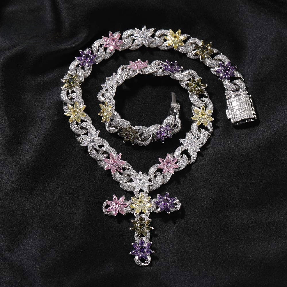 Iced Out Color Flower Cross Pendant Necklace — product image 7