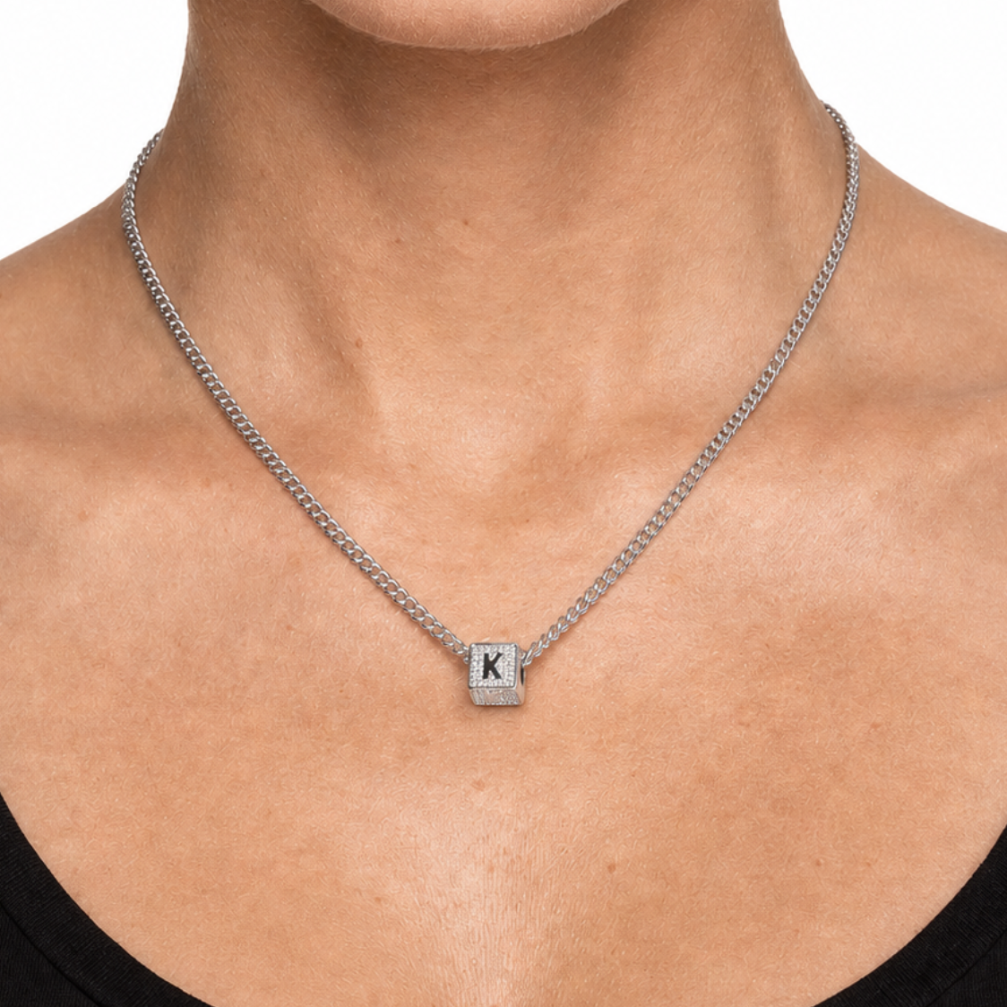Silver letter K alphabet block pendant necklace