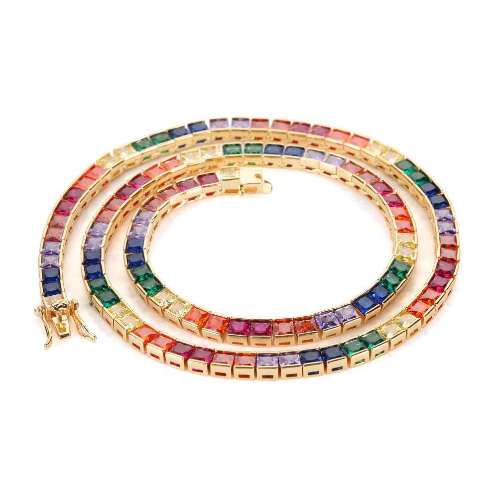Iced Out Rainbow CZ Tennis Chain - 4mm Square Cut Necklace Hip Hop Jewelry- Miles Jewellery