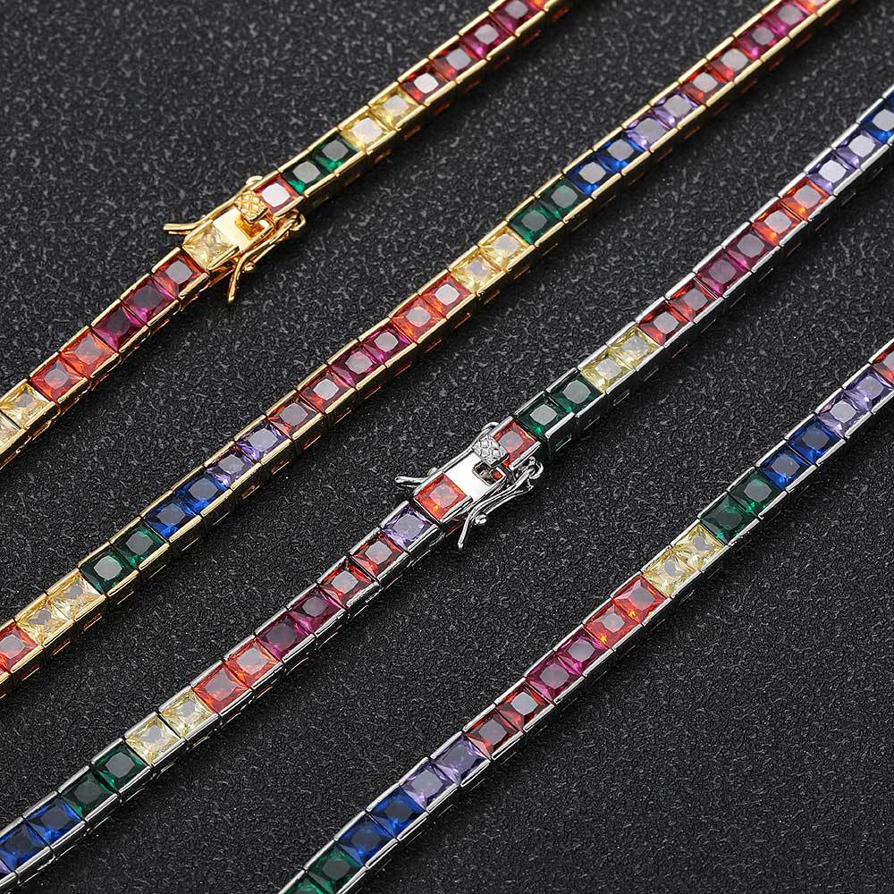 Iced Out Rainbow CZ Tennis Chain - 4mm Square Cut Necklace Hip Hop Jewelry- Miles Jewellery