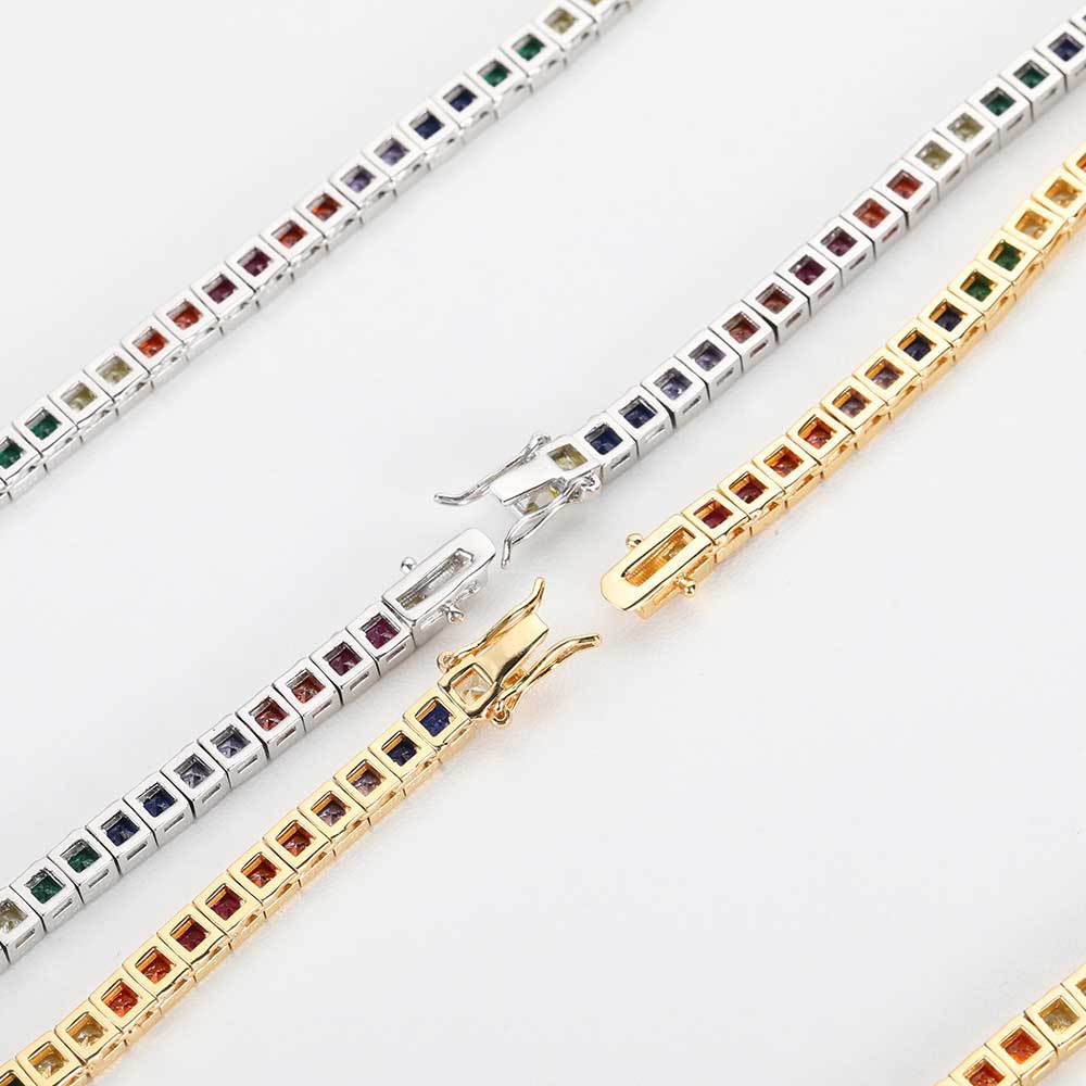 Iced Out Rainbow CZ Tennis Chain - 4mm Square Cut Necklace Hip Hop Jewelry- Miles Jewellery