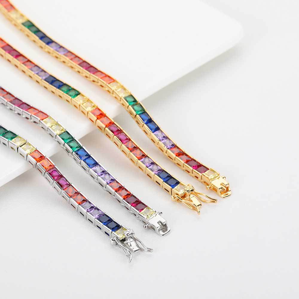 Iced Out Rainbow CZ Tennis Chain - 4mm Square Cut Necklace Hip Hop Jewelry- Miles Jewellery