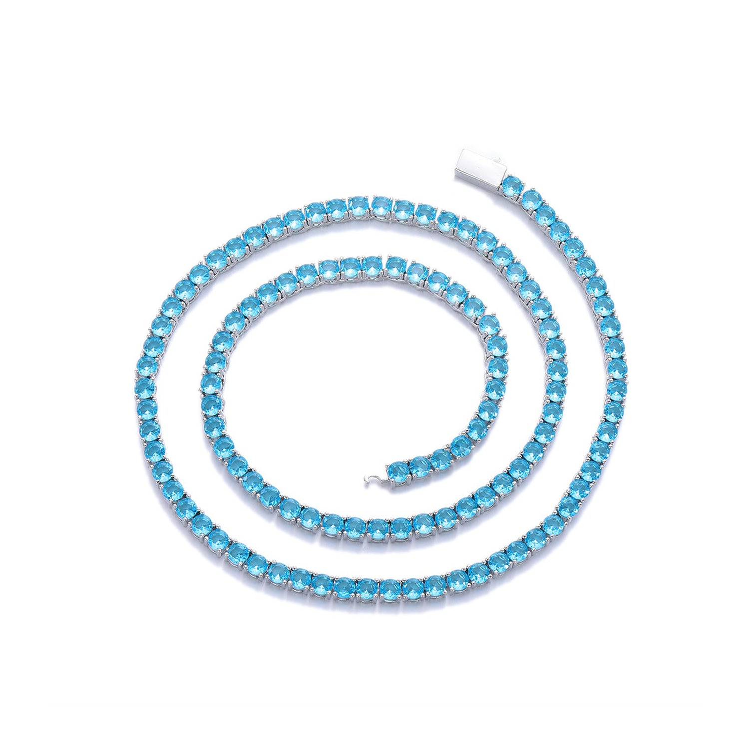White-background product view of 4mm iced aqua blue CZ tennis chain necklace