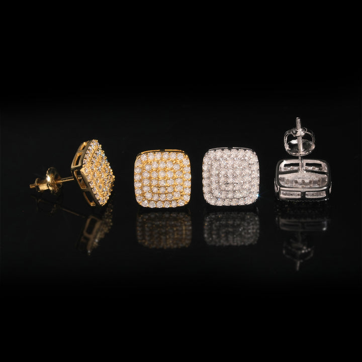 Fronts and backs of gold-tone and silver-tone rounded-square stud earrings