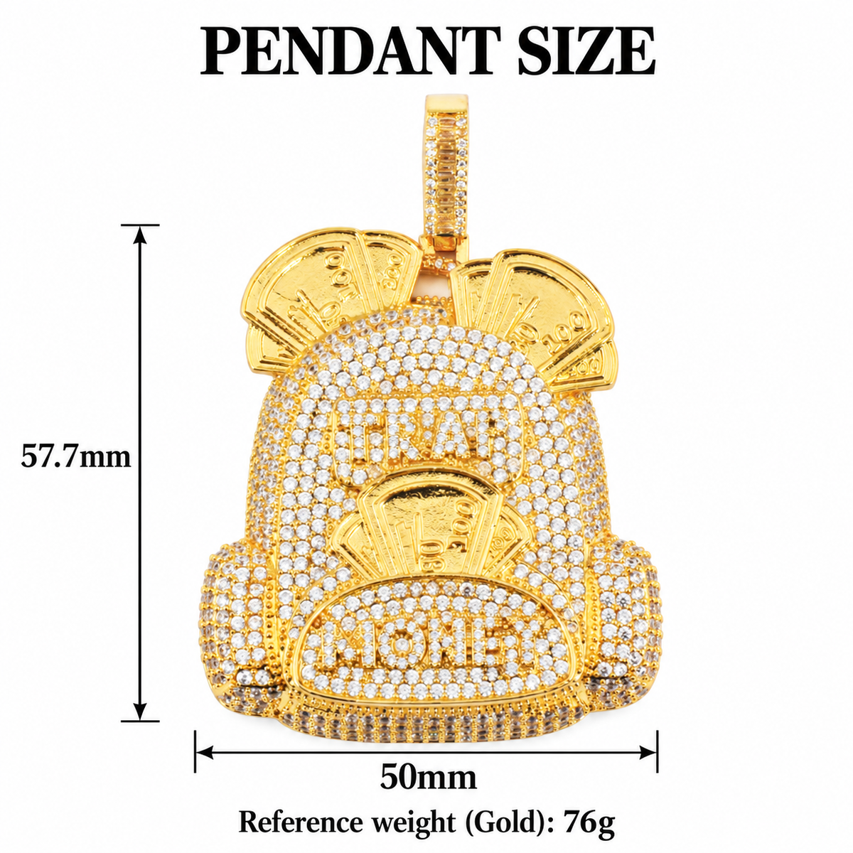 Gold backpack pendant size guide showing body width, body height and reference weight