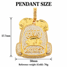 Gold backpack pendant size guide showing body width, body height and reference weight