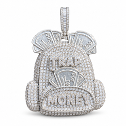 Silver-tone backpack pendant with a pavé body, raised pocket and banknote motifs on white