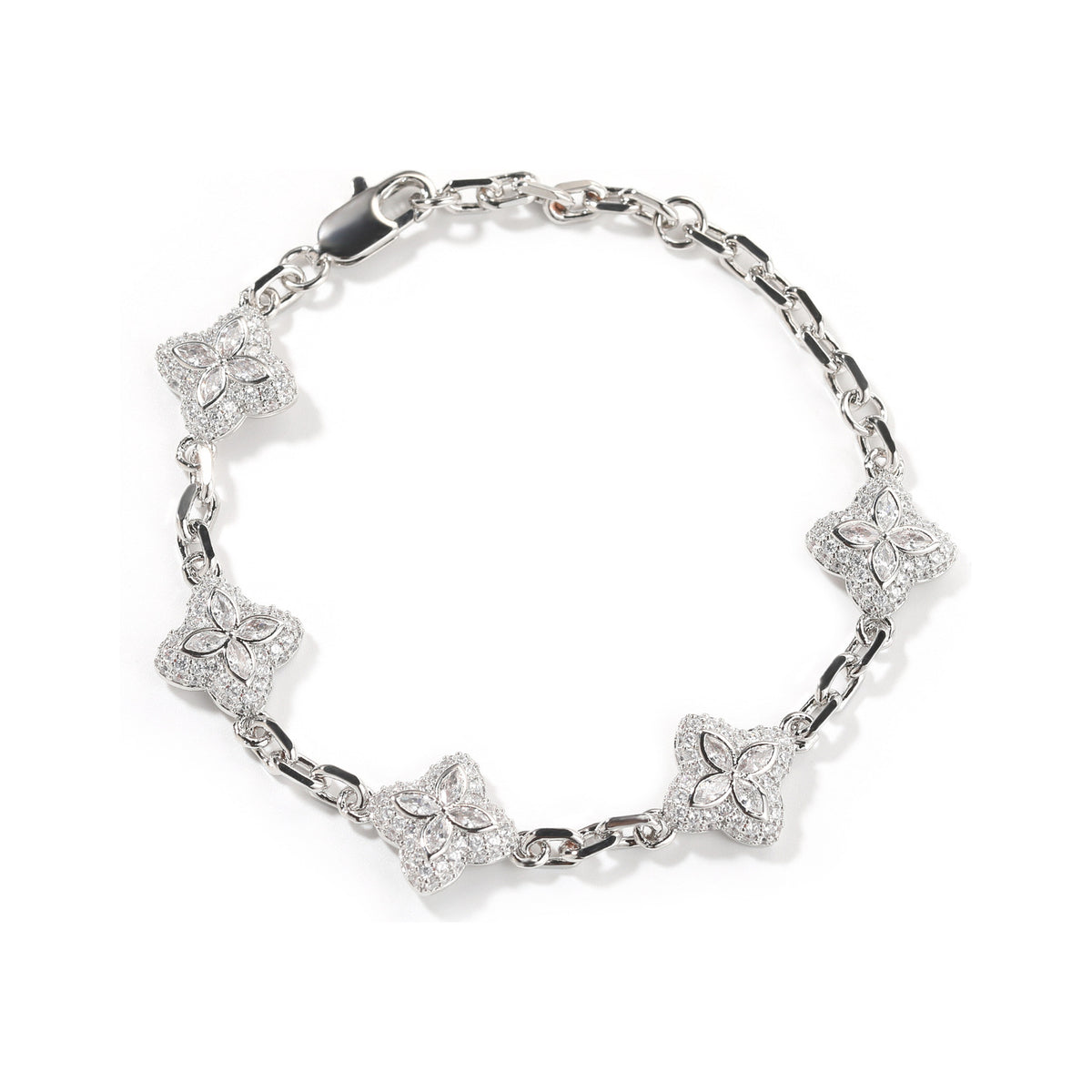 Clear-stone silver-tone four-leaf clover adjustable bracelet on white