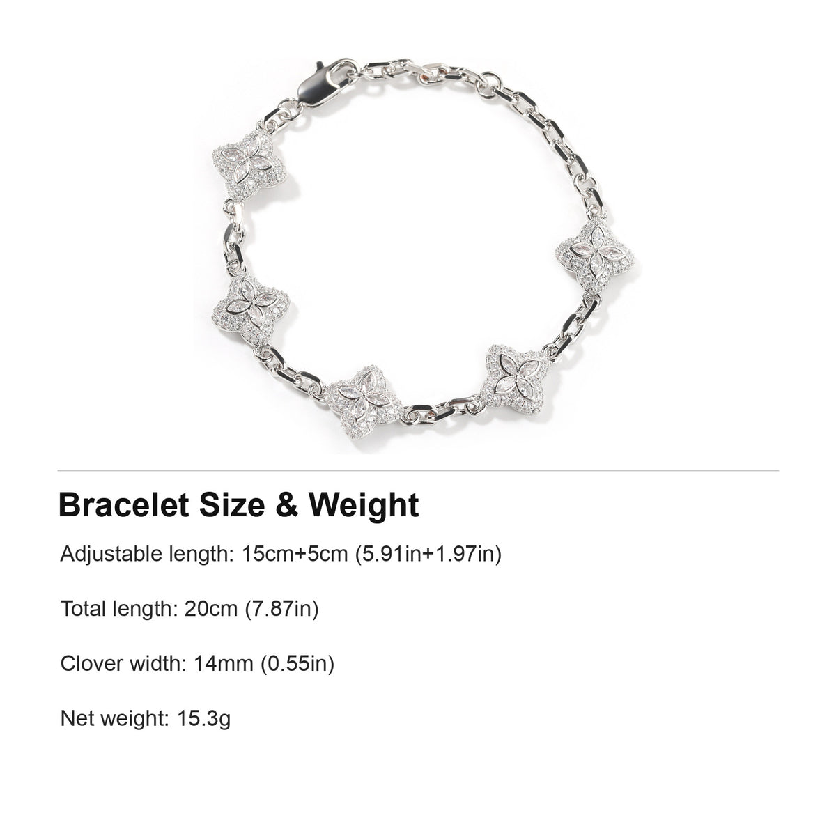 Bracelet size guide: 15cm+5cm adjustable, 20cm total, 14mm clovers and 15.3g weight