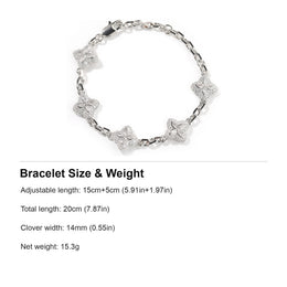 Bracelet size guide: 15cm+5cm adjustable, 20cm total, 14mm clovers and 15.3g weight