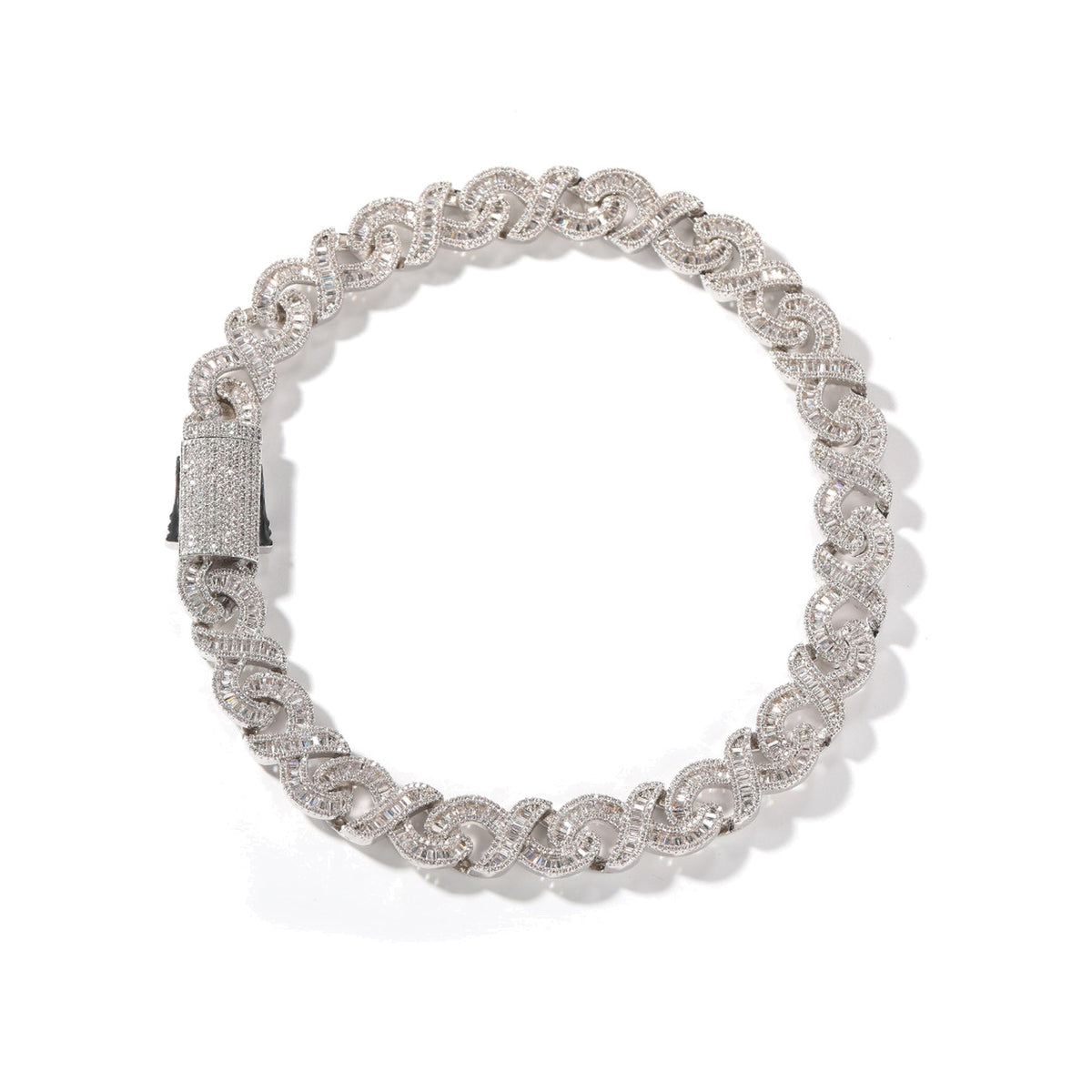 Silver 15mm baguette CZ infinity link bracelet on white