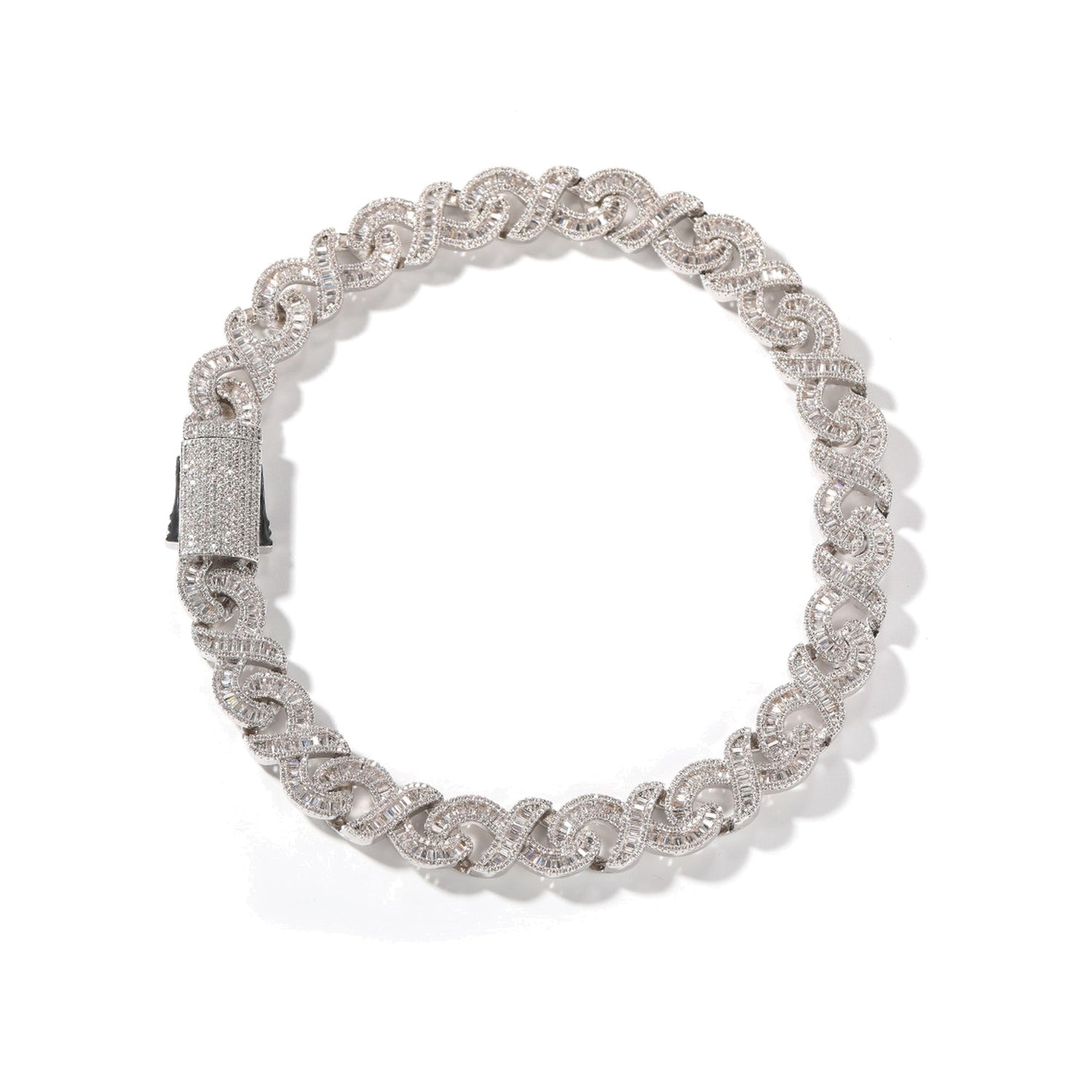 Silver 15mm baguette CZ infinity link bracelet on white