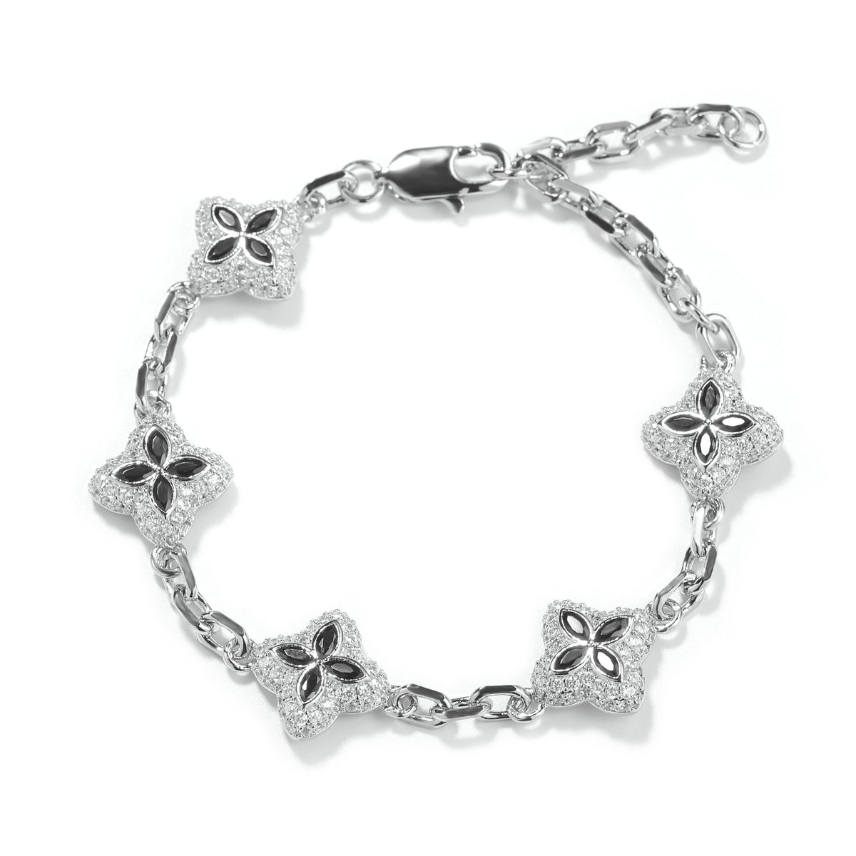 Black four-leaf clover adjustable bracelet in a silver-tone setting on white