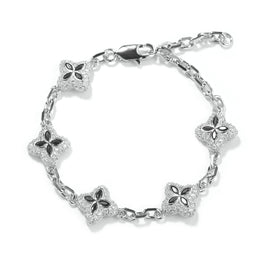 Black four-leaf clover adjustable bracelet in a silver-tone setting on white
