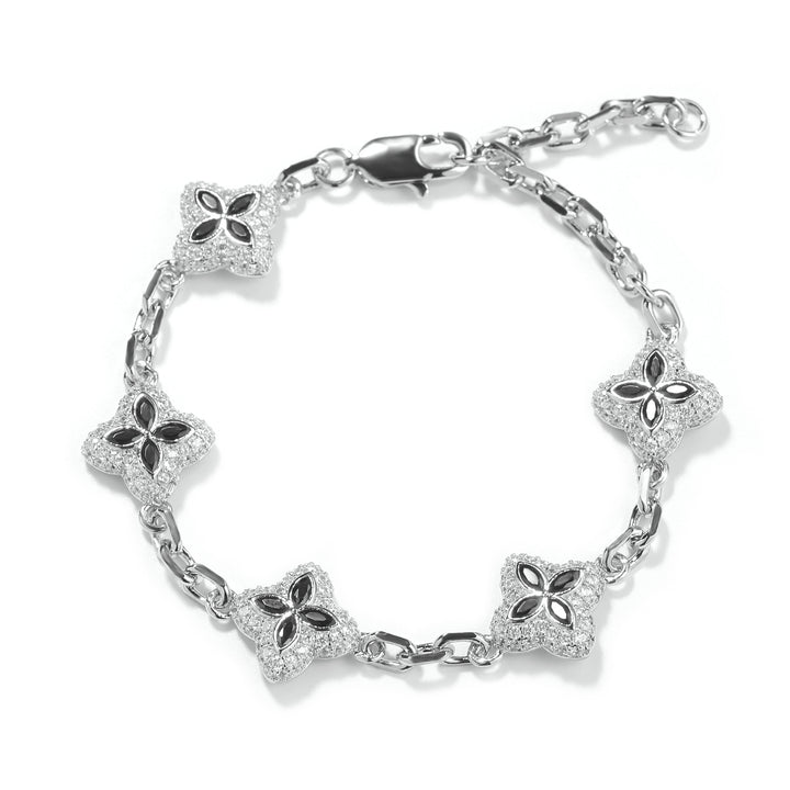 Black four-leaf clover adjustable bracelet in a silver-tone setting on white
