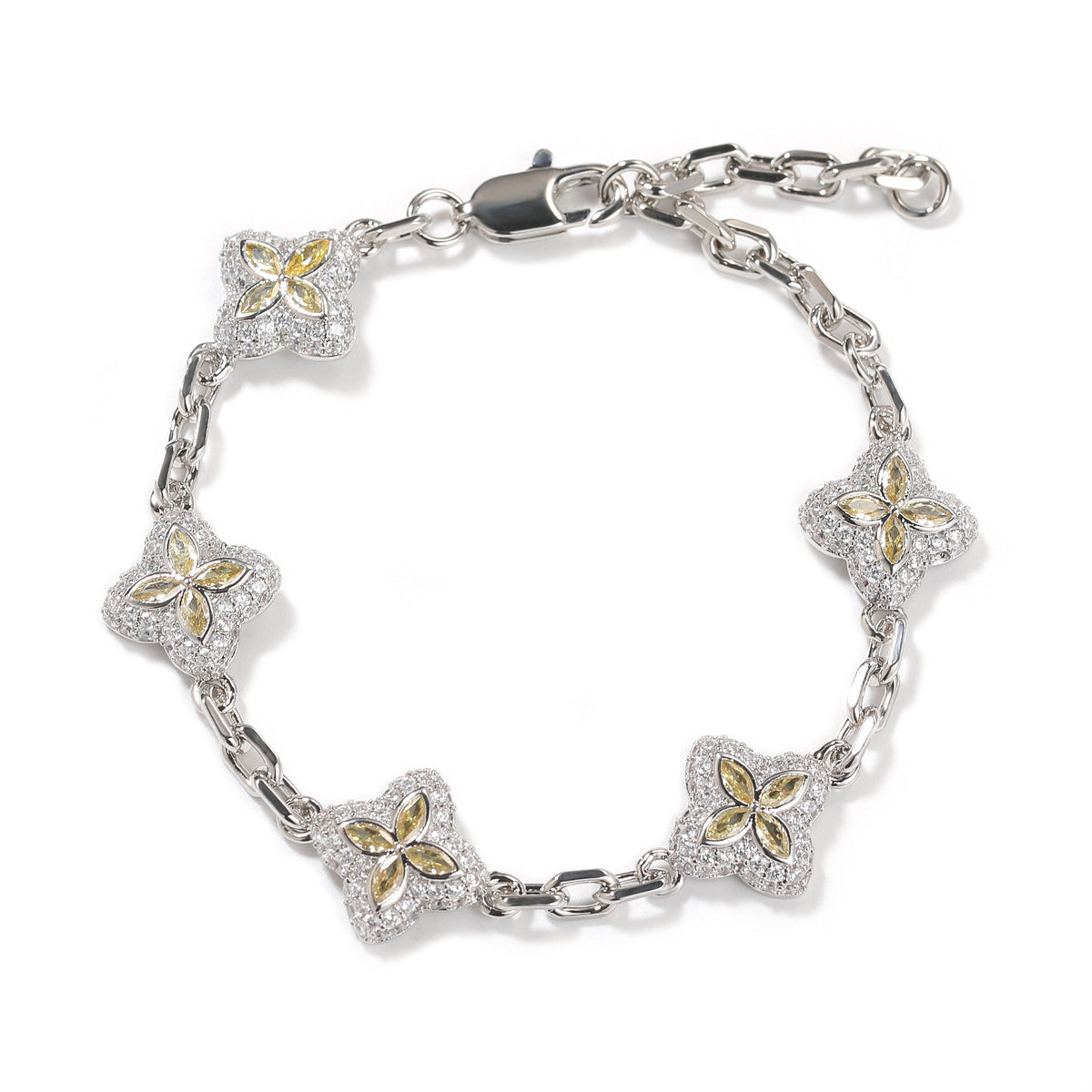 Yellow four-leaf clover adjustable bracelet in a silver-tone setting on white