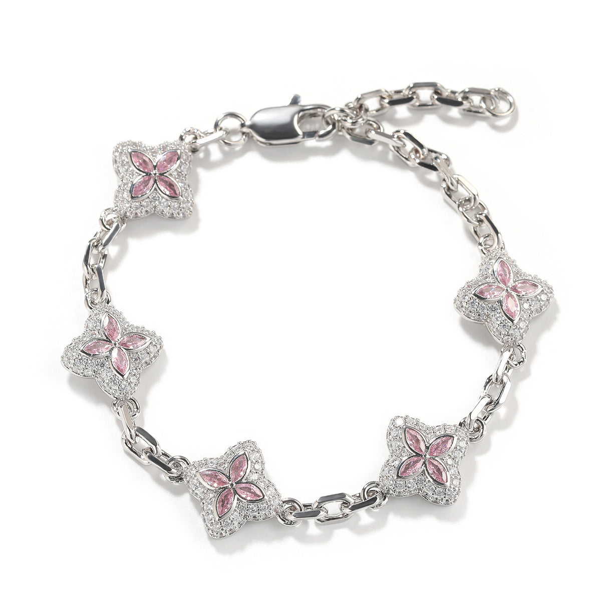 Silver-tone four-leaf clover bracelet link and stone detail