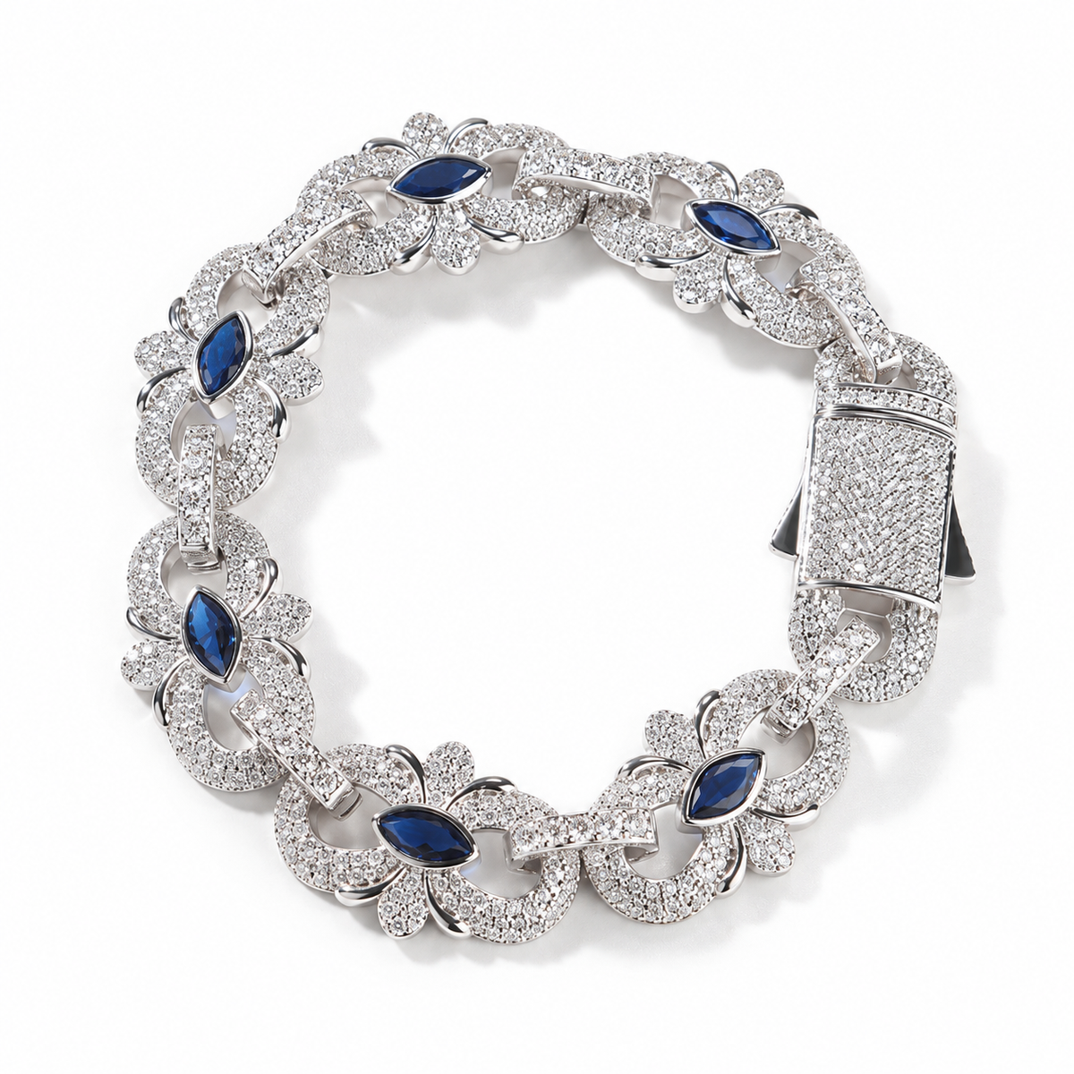 Silver-tone marquise floral link bracelet with blue cubic zirconia and a pavé box clasp