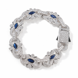 Silver-tone marquise floral link bracelet with blue cubic zirconia and a pavé box clasp