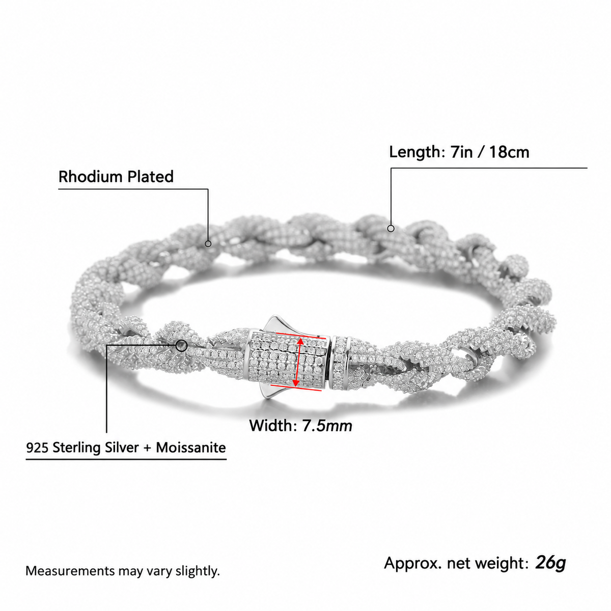 Rope bracelet diagram with 7in length, 7.5mm width and 26g net weight