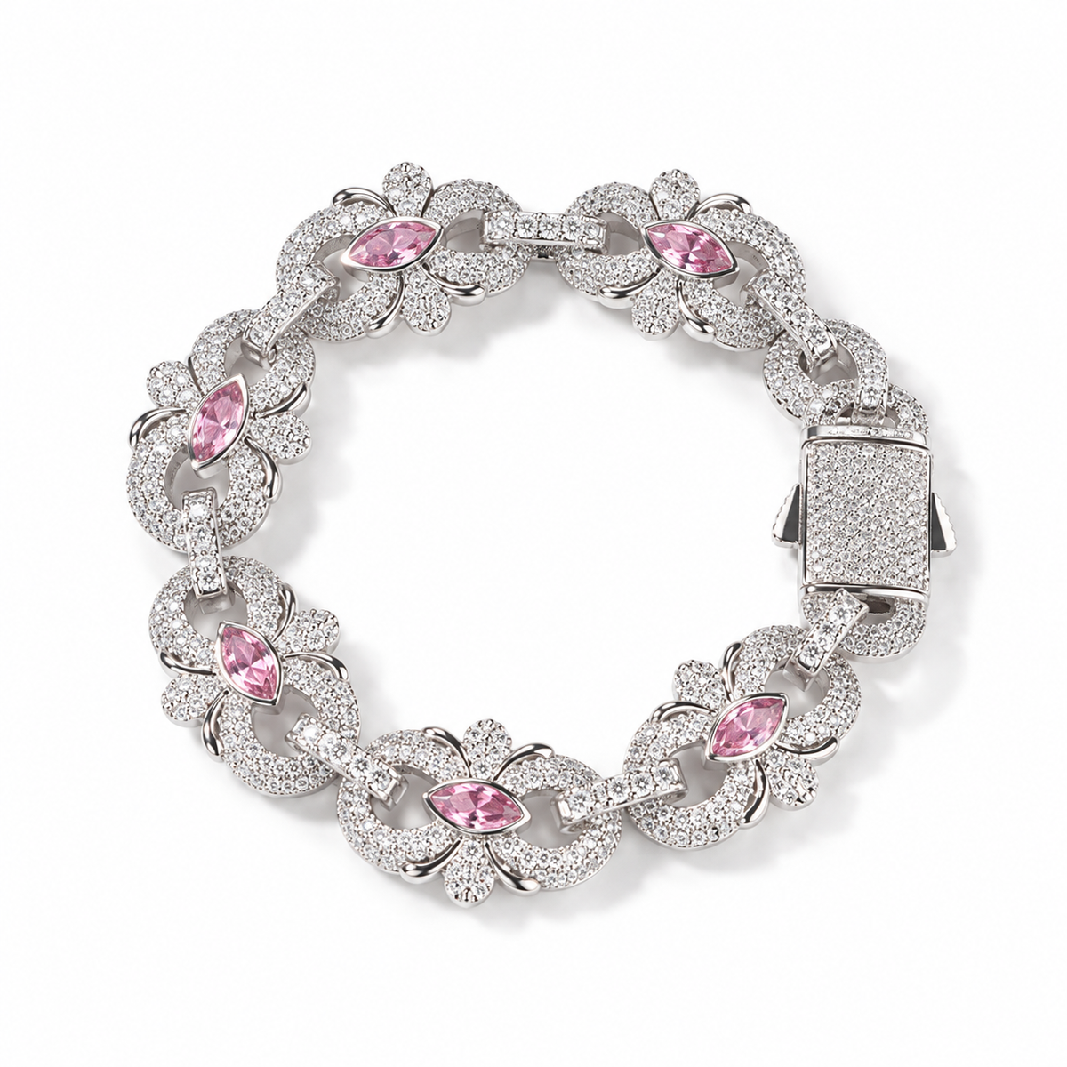 Silver-tone marquise floral link bracelet with pink cubic zirconia and a pavé box clasp