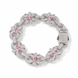Silver-tone marquise floral link bracelet with pink cubic zirconia and a pavé box clasp