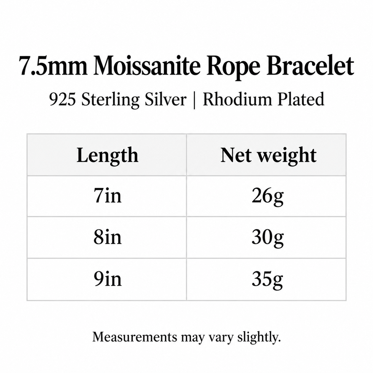 Bracelet length and net weight chart; full values are provided in Materials and Specifications