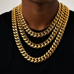 gold and steel polished Miami Cuban link chains in multiple widths