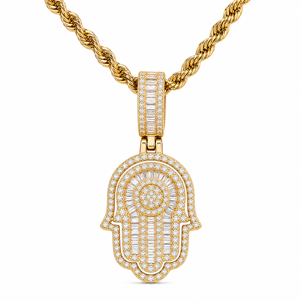 925 silver moissanite iced out Hamsa hand pendant in gold