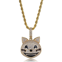 Gold iced grinning cat face pendant close view