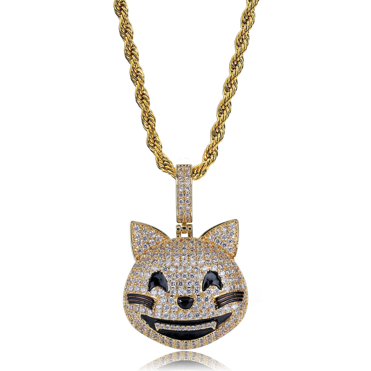 Gold iced grinning cat face pendant