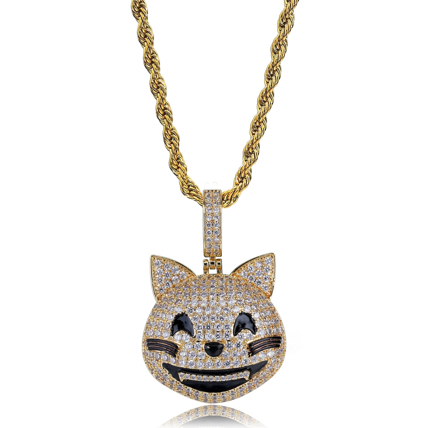 Gold iced grinning cat face pendant