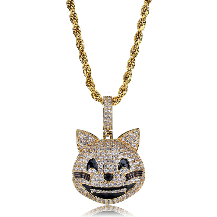 Gold iced grinning cat face pendant