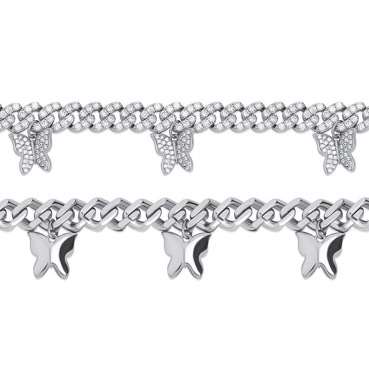 Front and back of a silver-tone butterfly Cuban link chain