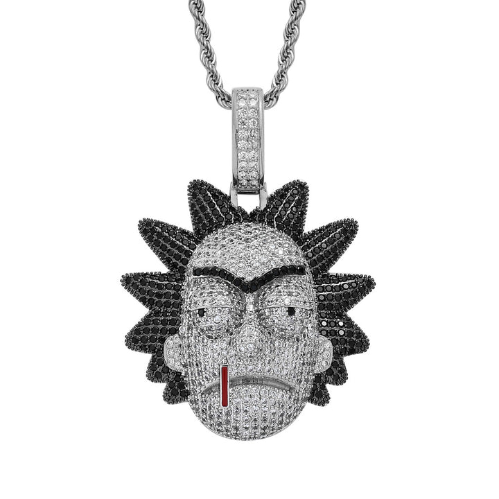 Silver-tone cartoon face pendant with dark spiky hair and a red mouth detail