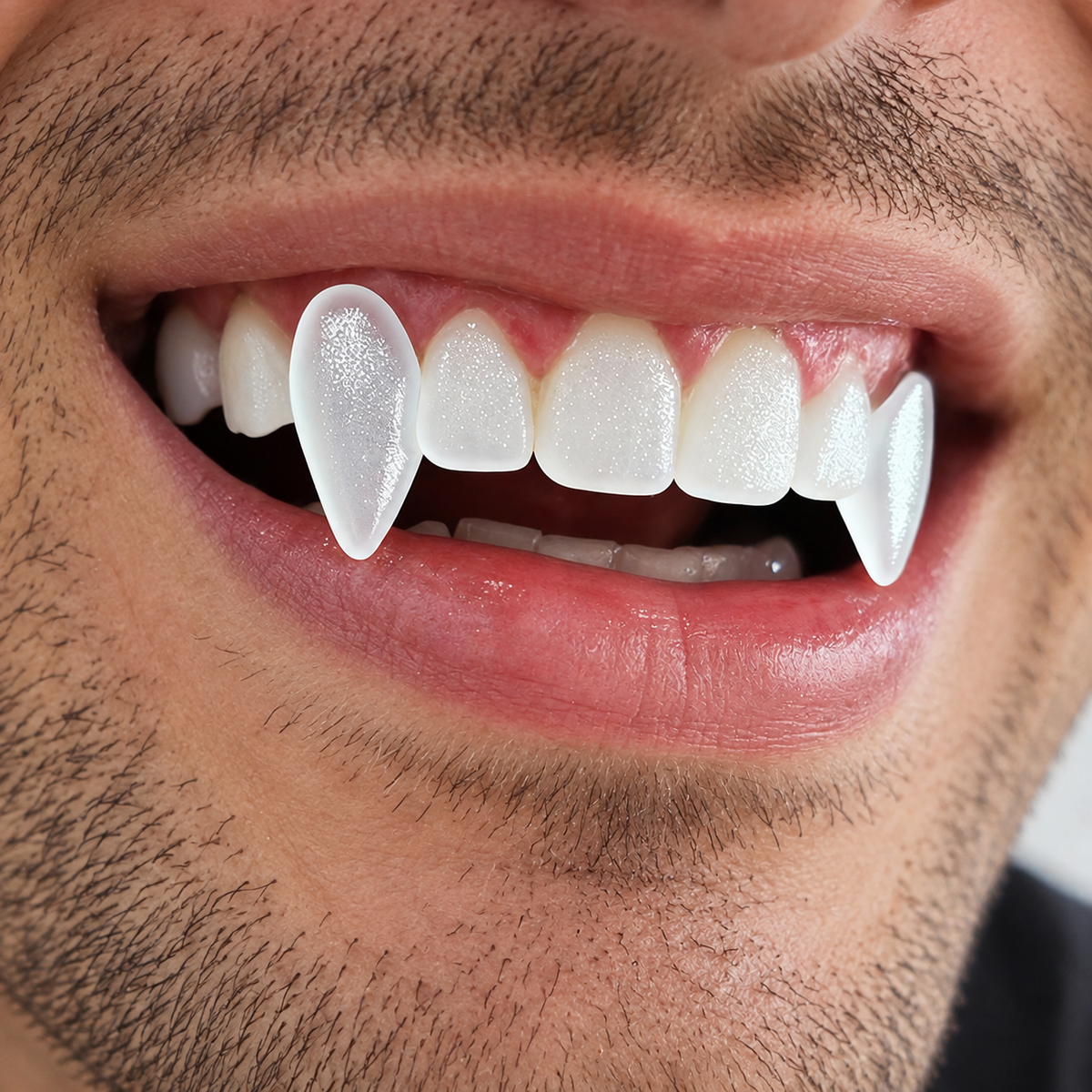 Close-up of a model wearing translucent vampire fangs