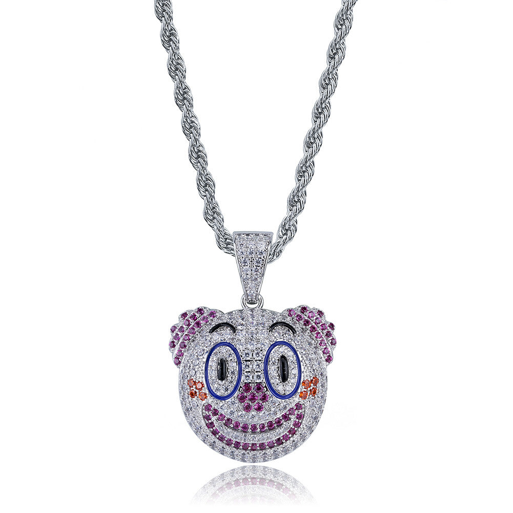 Silver iced cartoon clown face pendant with colorful accents