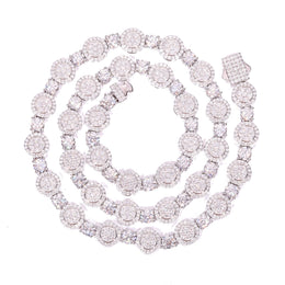 Silver-tone moissanite halo tennis chain coiled on white with its stone-set clasp visible