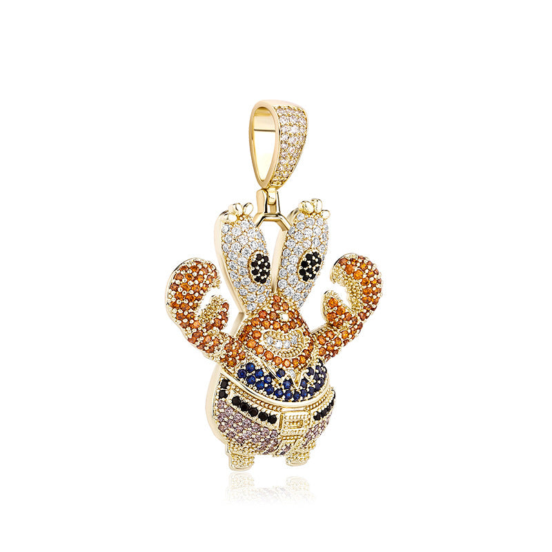Gold iced cartoon crab character pendant with multicolor stones