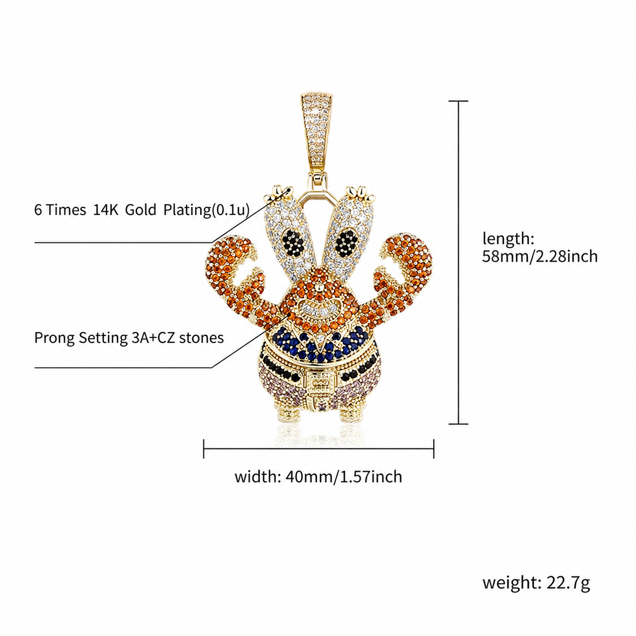 Iced cartoon crab character pendant English size guide