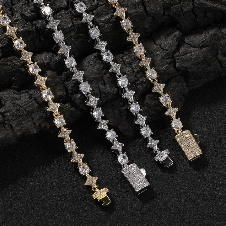 Gold-tone and silver-tone star-link chains showing their clasps