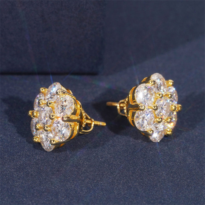 Gold-tone clear-stone flower cluster studs showing side settings