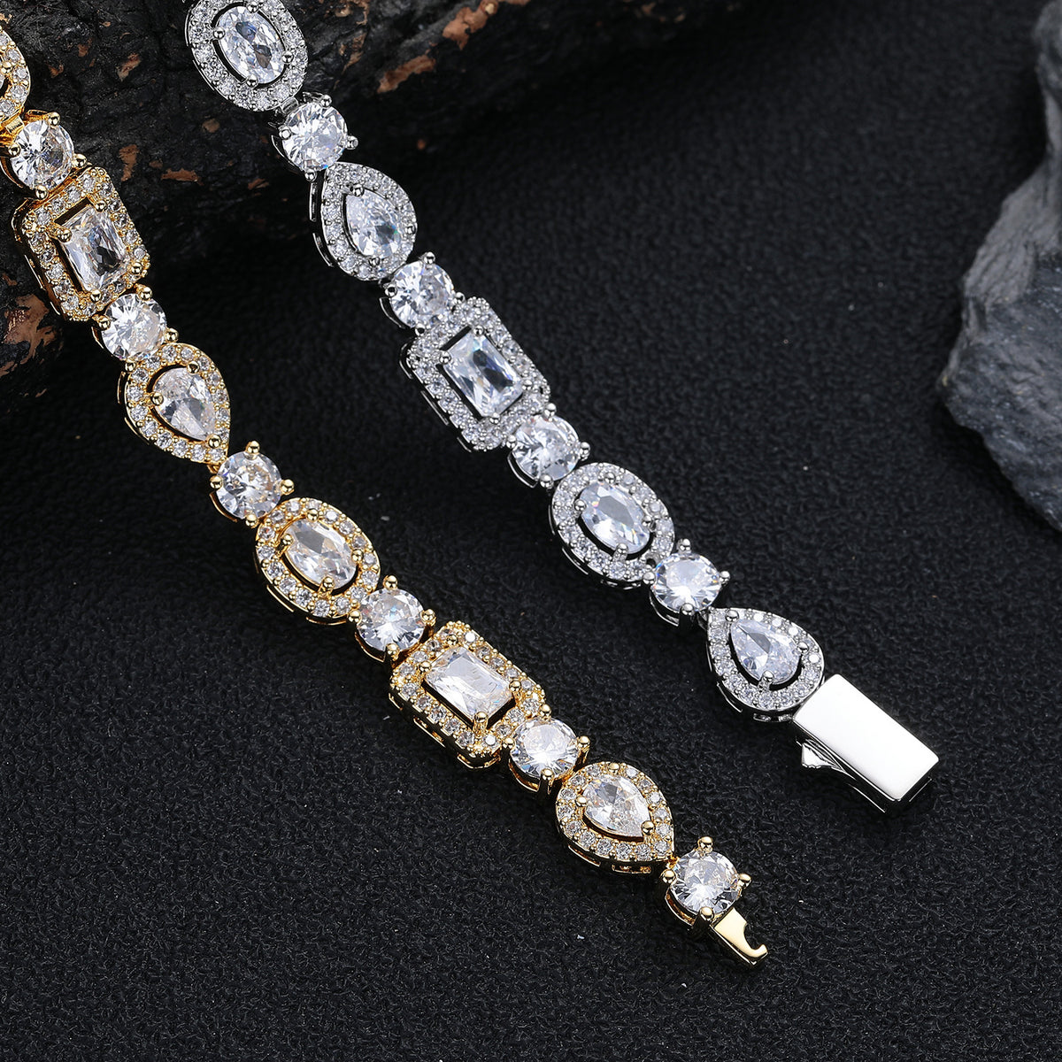 Silver-tone and gold-tone bracelets showing geometric stones and open clasp ends