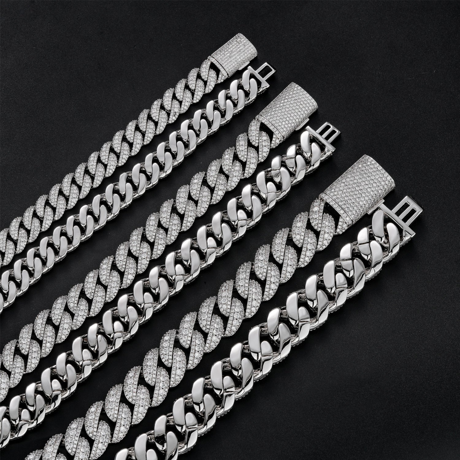 Silver iced Bubble Cuban link width comparison on black