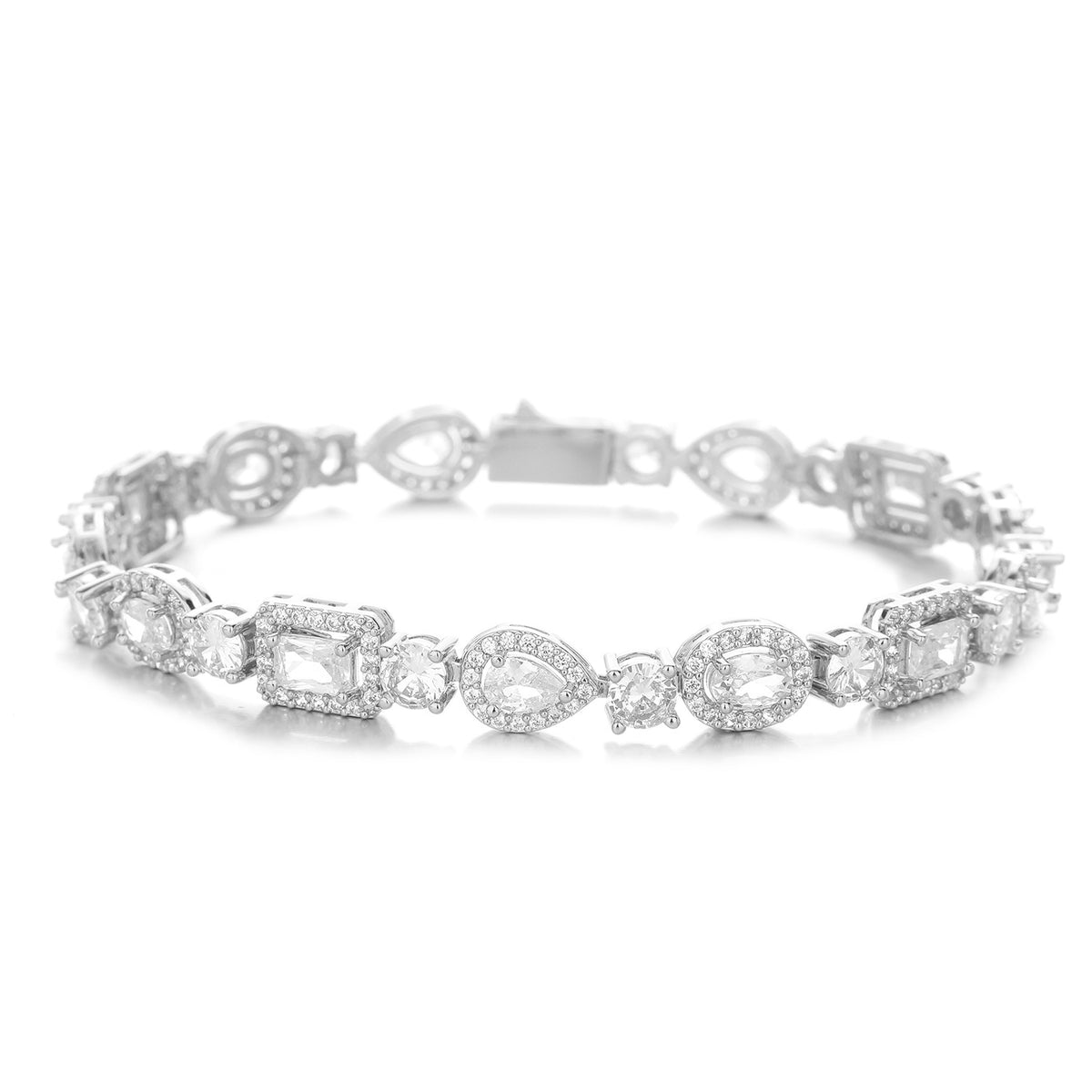 Silver-tone geometric halo bracelet with oval, pear and rectangular stones on white