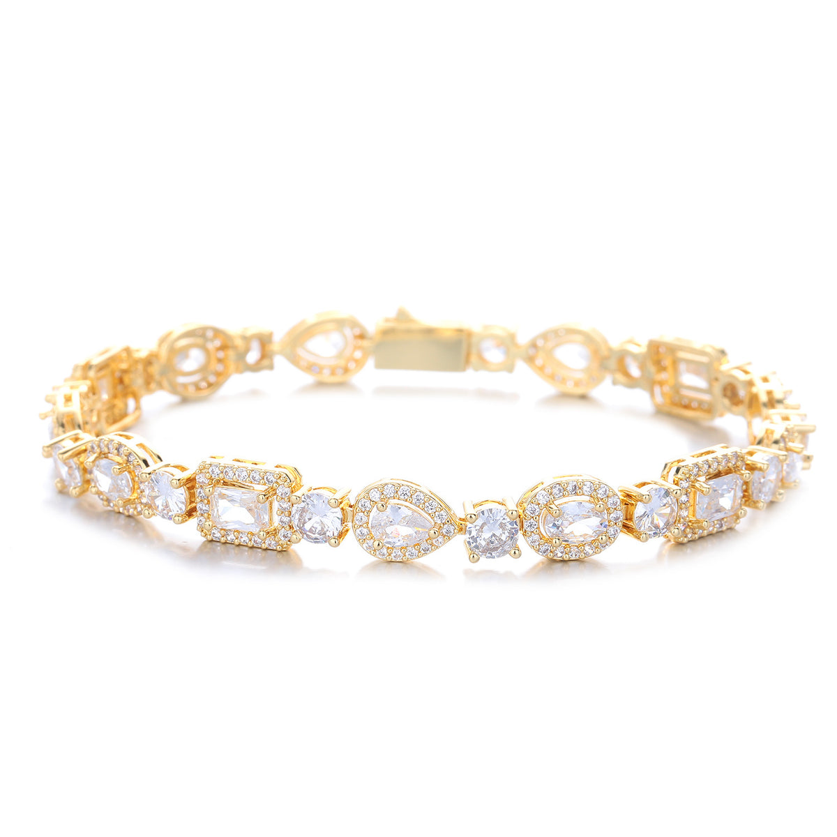 Gold-tone geometric halo bracelet with oval, pear and rectangular stones on white