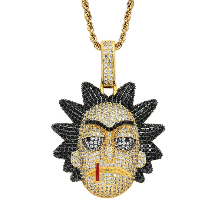 Gold-tone cartoon face pendant with dark spiky hair and a red mouth detail