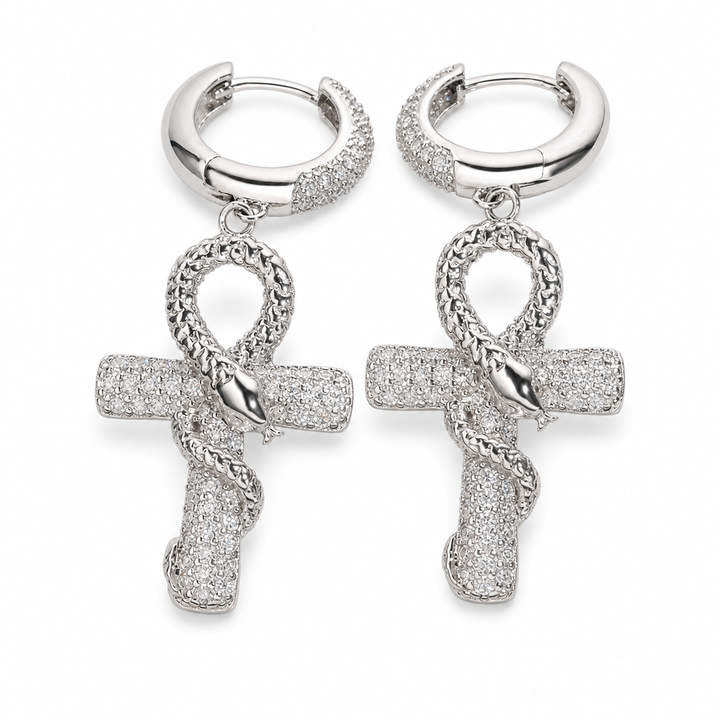 Silver-tone stone-set ankh drop earrings with hoop fastenings