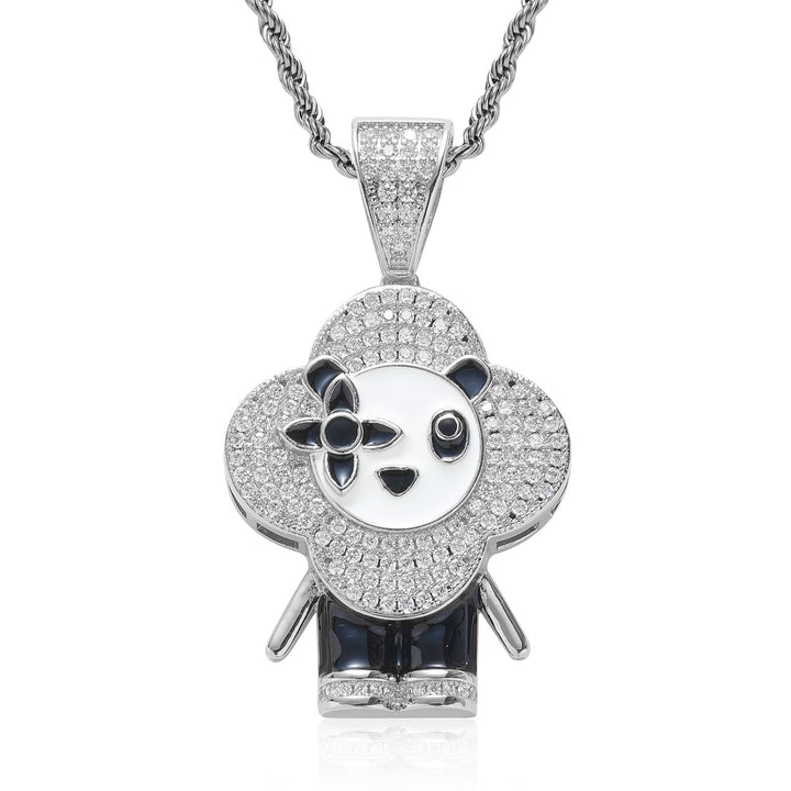 Silver-tone stone-set panda flower pendant with dark accents