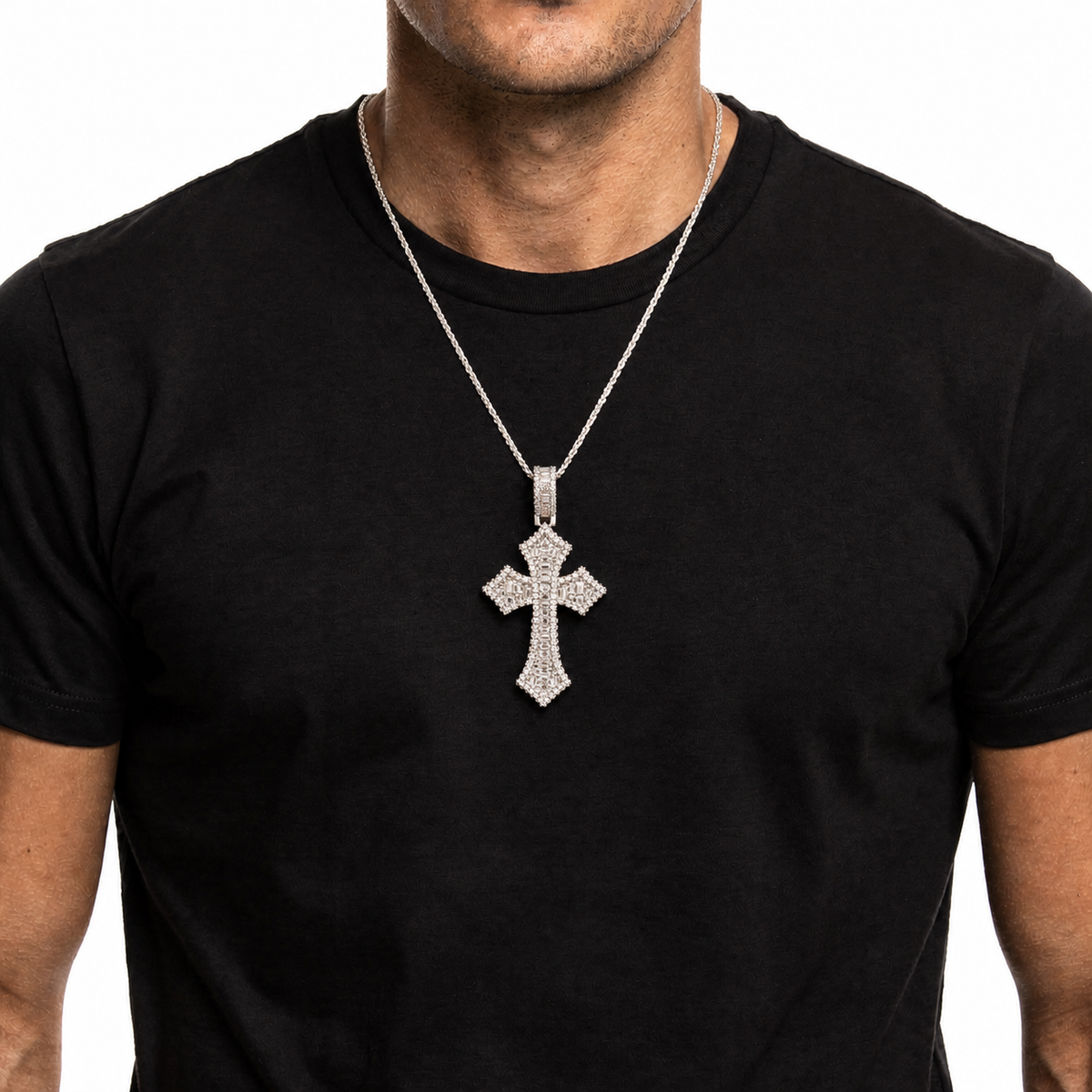Iced Gothic Moissanite Cross Pendant – 925 Sterling Silver
